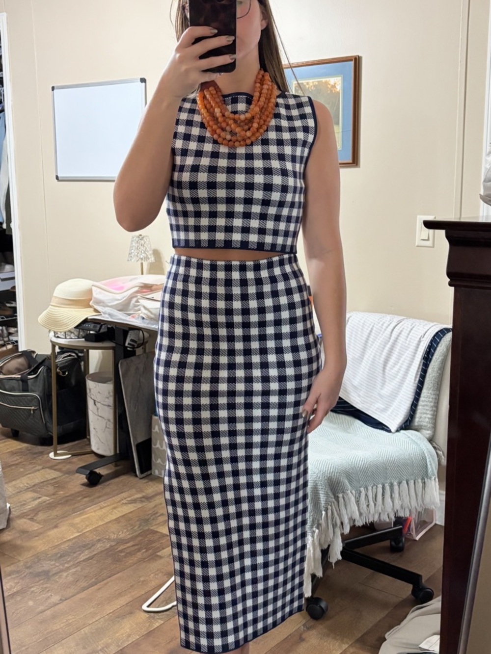 Checked Navy and White Two Piece Set
